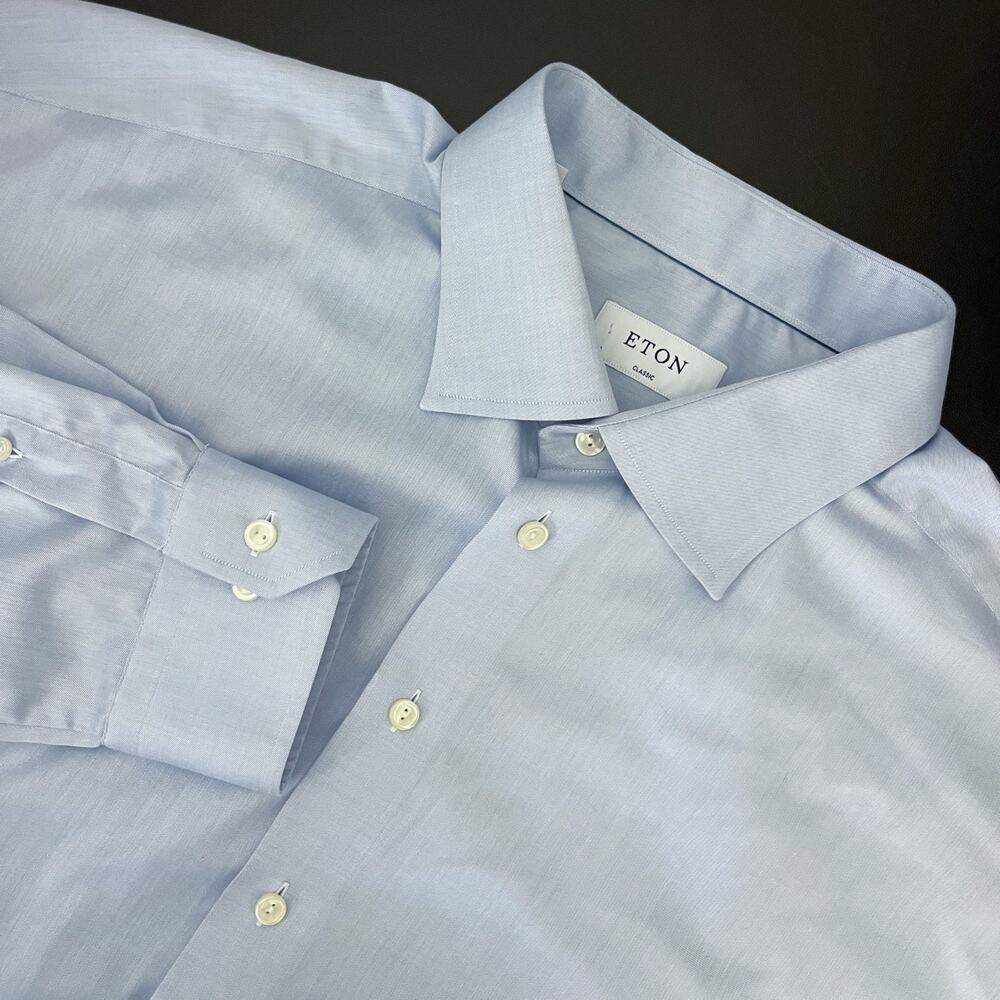 Eton Dress Shirt Mens 19/48 Blue Classic Fit Cotton Twill Button Up Long Sleeve